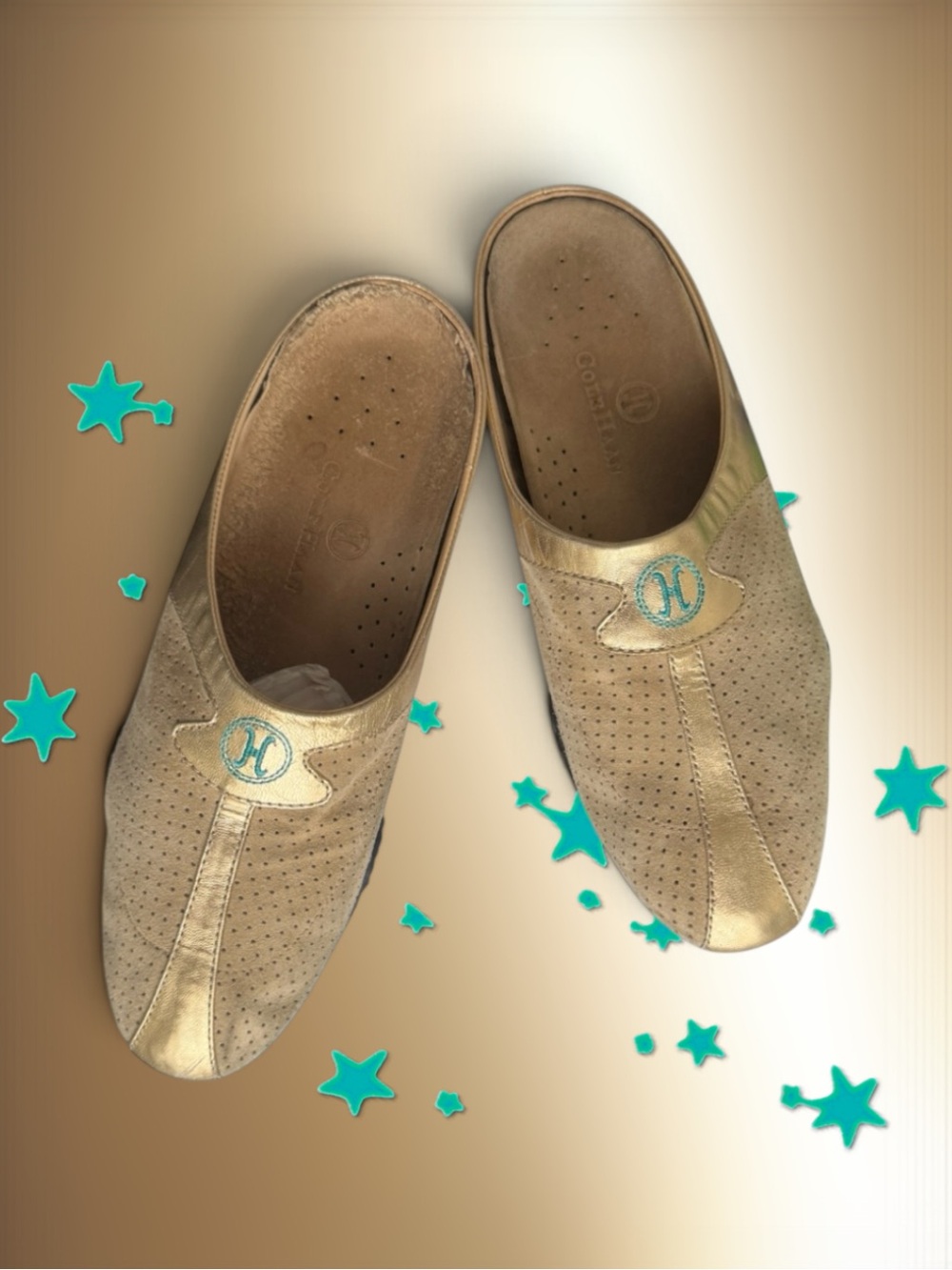 💕Nike + Cole Haan Suede Slip On Mules • Tan, Gold & Teal • Size 6B